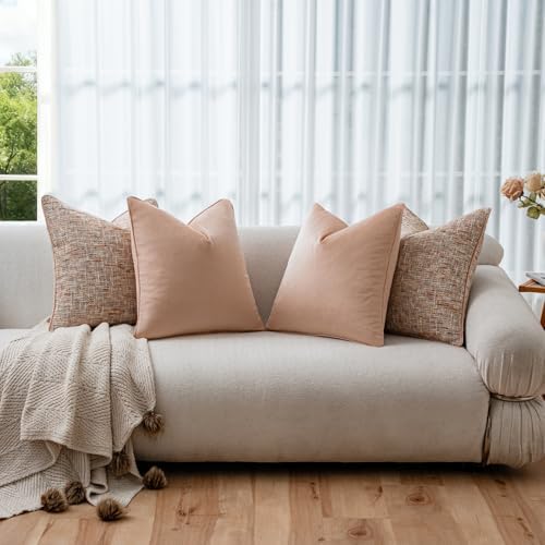 a moment Light Pink 4 Pack Throw Pillow Covers - Chenille & Velvet Set with Piping, Farmhouse Textured Design Pillow Cases for Couch Sofa Bed Livingroom (20x20 Inch, No Insert) - Image 4