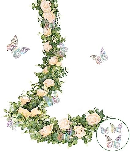 6 Ft Champagne Fuller Flower Garland with 6 Pcs Butterfly, Fake Rose Vine - Image 7