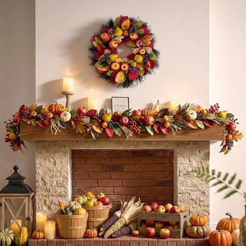 Valery Madelyn 24'' Collapsible Pre-Lit Fruits Fall Wreath for Front Door - Image 3