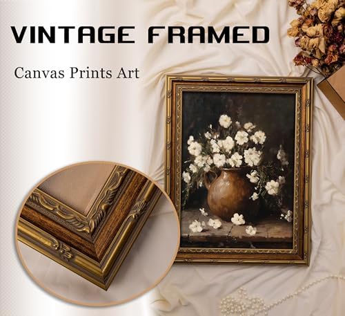Vintage Gold Framed Wall Art Vintage Flower Still Life Wall Decor Retro White Floral Picture Retro Rustic Floral Poster Print Artwork for Home Living Bedroom Farmhouse Hallway - Image 2
