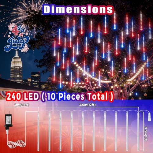 10 Set 12" 240 LED Meteor Lights with Connectable Design, Bright Red Blue White Lighting, Waterproof for National Day Patriotic Holiday Garden Tree Patio Outdoor Decor - Image 4