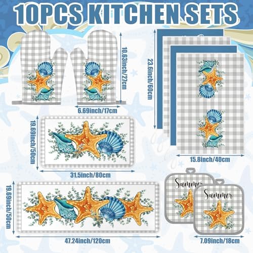VitalCozy 10 Pcs Summer Starfish Kitchen Decor Set Beach Starfish Kitchen Towels and Rugs Oven Mitts Pot Holders Set for Gift Home Cooking Baking Housewarming Decorations - Image 3