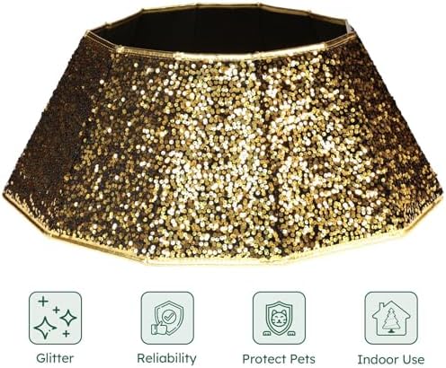 HarcoHome Glitter Christmas Tree Collar, 26" D Sparking Sequins Tree Skirt, Dazzling Foldable Tree Stand Base Cover, Handcrafed Tree Ring for Xmas Tree Decoration (Gold and Black, Diamond) - Image 2