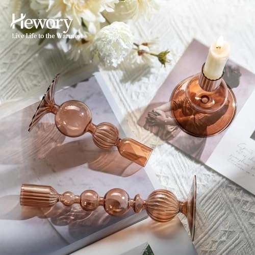 Hewory Glass Candlestick Holders Set: 3PCS Brown Taper Candle Holders Bulk - Image 3