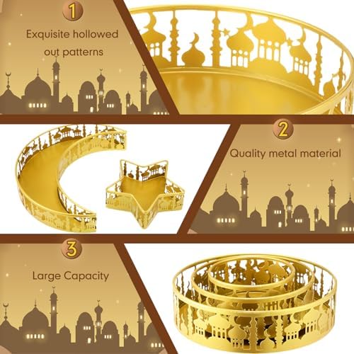 meekoo 5 Pcs Ramadan Serving Trays Eid Mubarak Round Crescent Moon Star Shaped Metal Food Trays Iron Platters for Serving Food Home Islamic Muslim Party Decoration Table (Gold,Castle Hollow Style) - Image 4