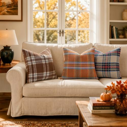 MIULEE Fall Plaid Decorative Euro Sham Pillow Covers Set of 2 24x24 Orange - Image 3