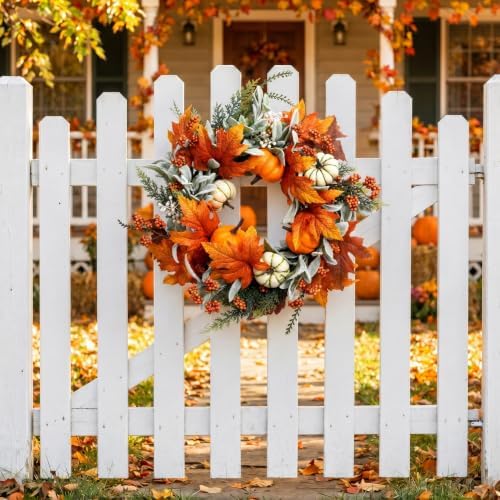 Fall Decor Wreaths for Front Door, 20 Inch Autumn Wreath with Pumpkins - Image 6