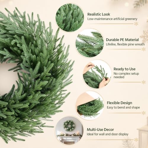 Yaheetech 26" Norfolk Pine Wreath Real Touch Xmas Wreath for Front Door - Image 4