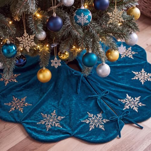Hollowfly Peacock Blue Velvet Christmas Tree Skirt, Sequin Snowflake 48'' by Hollowfly