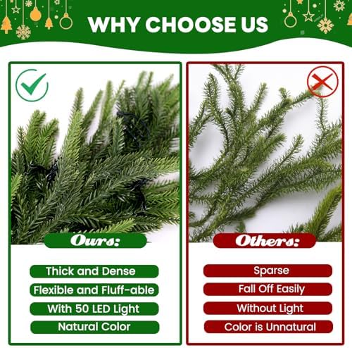 6FT Christmas Garlands Norfolk Pine Garland with 50 LED Lights, Real Touch Artificial Faux Greenery Garland, Realistic Pine Garlands for Table, Mantle, Indoor, Outdoor Christmas Decorations - Image 6