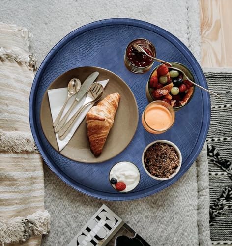 HofferRuffer Round Serving Tray 20'', Elegant Faux Leather Circle Ottoman Table Tray, Serve Tea Coffee Breakfast in Bedroom Living Room Kitchen (Blue, 20") - Image 4