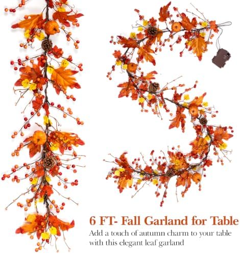 6 FT Fall Garland with 20 Lights & Timer, Pre-lit Lighted Fall Leaves Garland with Pumpkins Pine Cones Berries, Battery Operated Autumn Berry Garland Decor for Mantle Table Fireplace Thanksgiving - Image 5