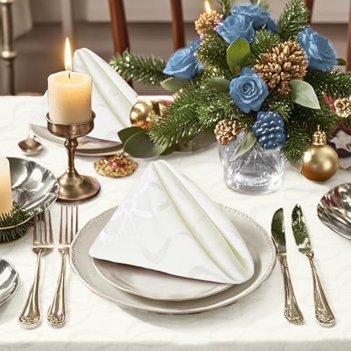 White Cloth Napkins Pack of 12, 18"x18" - Cotton & Polyester, Wrinkle/Fade Resistant, Washable & Reusable - Wedding Napkins for Reception, Jacquard Napkin for Banquet & Engagement Party, Bows Design - Image 5