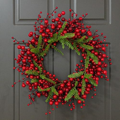 J'FLORU Artificial Christmas Wreath 20 Inch Chirstmas Wreaths for Front Door Red Berry Wreath with Pine Needles for Porch Fireplace Xmas Winter Holidays - Image 5