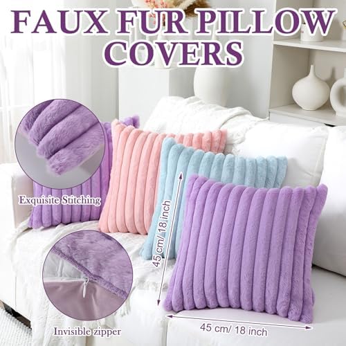 Mixweer 6 Pcs Faux Fur Plush Throw Pillow Covers 18x18'' Pink Purple Blue - Image 3