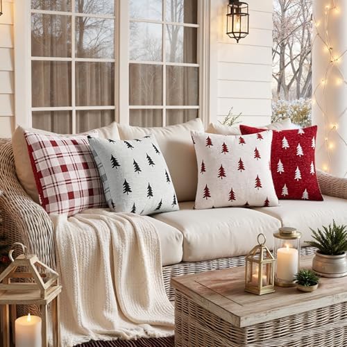 MIULEE Christmas Decorative Chenille Throw Pillow Covers, 18x18 Inch,White Red Tree, Set of 2 Cute Trees with Plaid Patterns Pillows for Sofa Couch Bedroom Chair Xmas Home Decor - Image 5