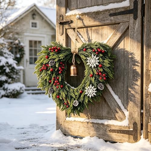 24 Inch Christmas Wreath for Front Door - Artificial Cedar Winter Wreath with Golden Bell, Pinecones & Red Berries, Farmhouse Holiday Wreath for Indoor Outdoor Christmas Decorations - Image 2