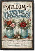 Decorative Tin Sign Vintage Metal Tin Sign Welcome Winter Mason Jar Flowers Pine Branches Berries Cozy Seasonal Wall Decor for Kitchen Entryway 8×12 Inches with Metal Frame by Unknown