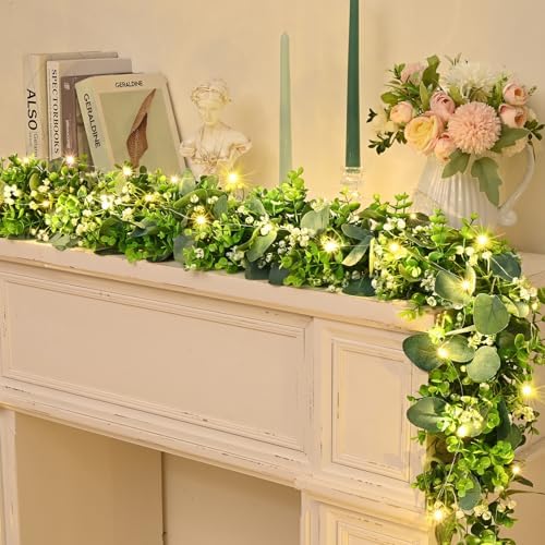 8Pcs Eucalyptus Garland with Lights, Greenery Garland, Green Garland with Flowers, 5.9FT Artificial Faux Eucalyptus Leaves Vines for Table Mantle Home Wedding Party Indoor Outdoor Decor（2 Long Lights） - Image 6