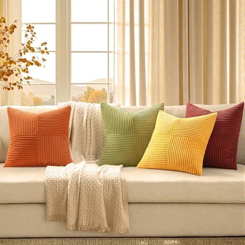 MIULEE Fall Yellow Orange Rust Throw Pillow Covers 18x18 Inch 4 Packs Boho Farmhouse Decorative Color-Clash Pillow Cases Soft Cushion Cases for Couch Sofa Bed Corduroy Striped Home Decor - Image 2
