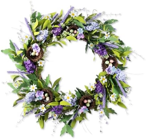 Glitzhome 24" Easter Wreath with Lavender and Bird Nest Spring Front Door Decoration Artificial Eggs Wreath for Home Party and Holiday Celebrations by Glitzhome