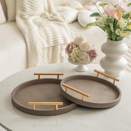 2 Piece Coffee Brown Round Serving Tray with Handles, Woven-Texture Faux Leather Ottoman Tray for Living Room, Decorative Tray for Coffee Table Home Decor - Image 3