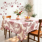 Cotton Damask Print Tablecloth with Scalloped Edge, Machine Washable, Rust Cream, 60 x 120 Inch Rectangle - Image 2