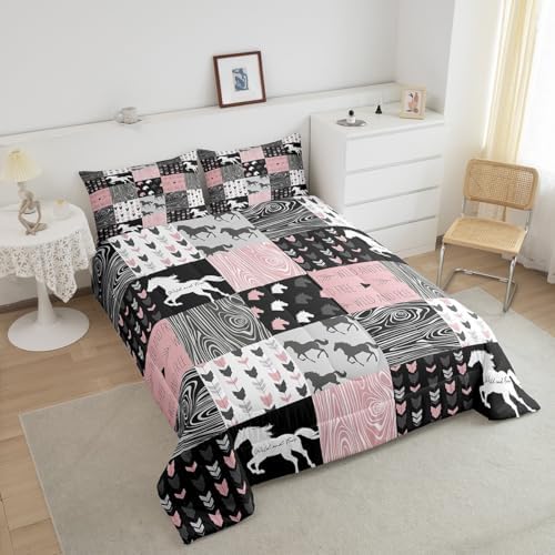 Girls Unicorn Comforter Queen Girly White Horse Bedding Western Cowboy Cowgirls Quilt Patchwork Buffalo Plaid Duvet Insert Arrow Stripes Wild Animal Soft Down Comforter 3Pcs Bedroom Decor,Pink Black - Image 4