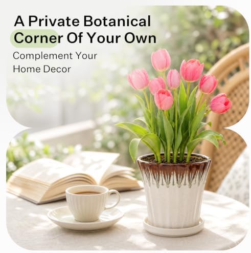 6.6 Inch Ceramic Planters with Drainage Hole and Saucer,Indoor Outdoor Large Flower Pots, Garden Pot for Plant Lovers (Drip White) - Image 2