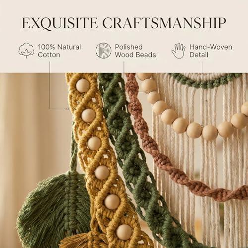 Jditngp Macrame Wall Hanging Boho Leaf Woven Tapestry,Bohemian Chic Home Decor Handmade Leaves Feather Tassel Wood Bead Pendants Wall Art Decorations for Bedroom Living Room Apartment 15.75"WX27.56"L - Image 3