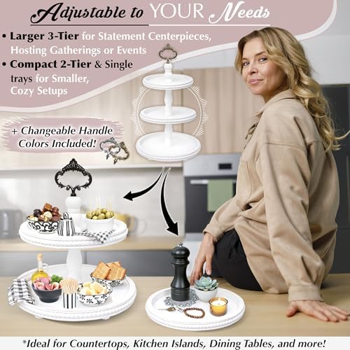 [3-in-1] Wooden Tiered Tray Stand - Beaded 3 Tiered Tray Decor Wood Cupcake Stand for Farmhouse Country Rustic Home - 3 Tier Stand [with 3 Changeable Handles] by Felt Creative Home Goods (White) - Image 3