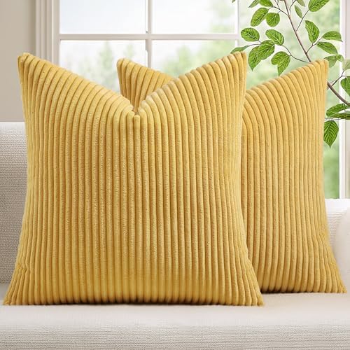 Mecatny Corduroy Fall Throw Pillow Covers 24x24 Set of 2 Mustard Yellow by Mecatny