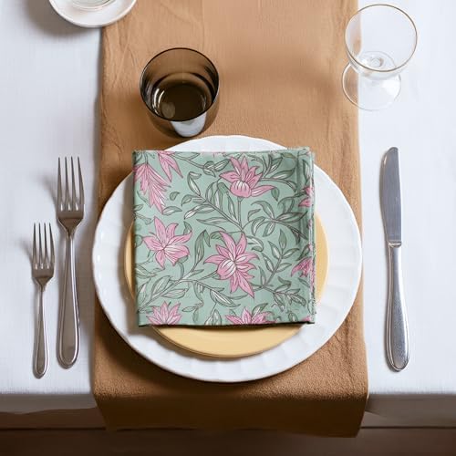Floral Cloth Napkins Set of 12,Block Print Inspired 100% Cotton Dinner Napkins for Thanksgiving,Christmas & Fall Decor,Washable Reusable Wedding Table Linens,18x18 Inch, Soft Green Floral - Image 5