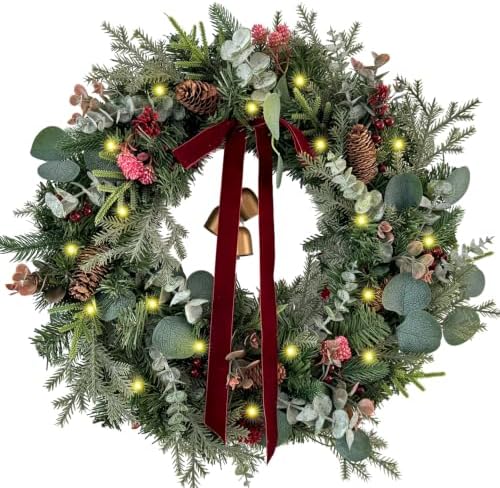 WANNA-CUL 24In Christmas Wreath for Front Door with 3M 30 LED Timer Lights by WANNA-CUL