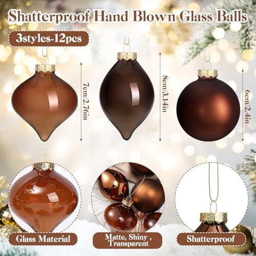 Zomiboo 12 Pcs Brown Glass Christmas Ball Ornaments Set 3.15" - Image 2
