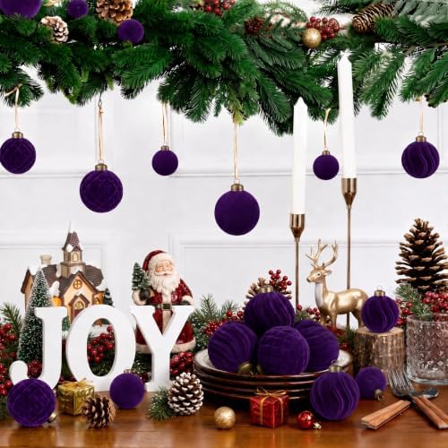 XmasExp 36PCS Velvet Christmas Ornaments Set Mixed Flocked Balls Ornaments Shatterproof Christmas Tree Decorations for Holiday,Party,Home（Purple） - Image 6