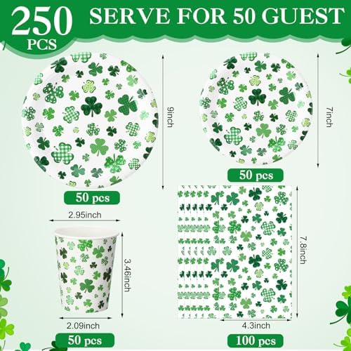 Pickmesh 250 Pcs St. Patrick's Day Party Supplies Kit for 50 – Shamrock Disposable Paper Plates, Napkins and Cups for St. Paddy's Day Party, Irish Celebration, Birthday Decorations - Image 2