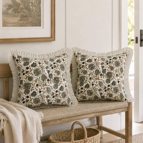 Set of 2 Pillow Covers with Ruffles 18"x18" Floral Pillow Covers Green Farmhouse Pillow Covers for Girls Room Nursery Couch Throw Pillow Covers Boho Home Decorative Pillow for Spring - Image 6