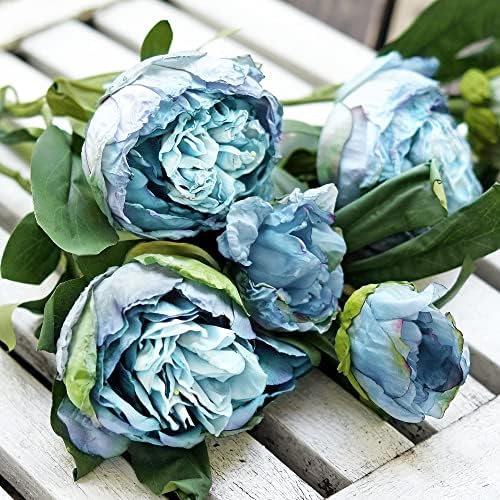 FiveSeasonStuff Vintage Dusty Blue Peonies – Realistic Artificial Silk Flowers with Dry-Look Petals, 6 Stems for Rustic Home & Wedding Bridesmaids Bouquet Bridal Showers - Image 2