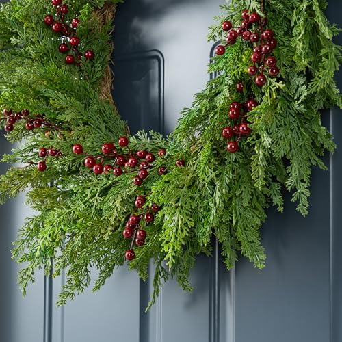 Glitzhome 24" D Christmas Wreath for Front Door, Real Touch Green Artificial Cedar Wreath with Red Berries for Porch, Window, Wall Indoor and Outdoor Home Decor - Image 7