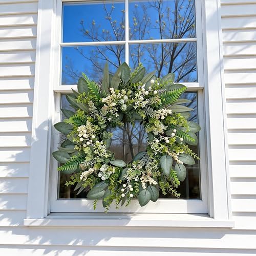24 Inch Greenery Wreaths for Front Door – Artificial Eucalyptus Wreath with White Berries and Mixed Green Leaves, Year-Round Farmhouse Indoor Outdoor Door Wreath for Spring Summer Home Decor - Image 2