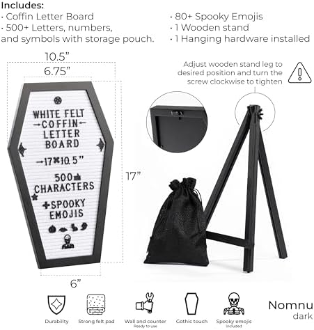 Nomnu Coffin Letter Board, White Goth Decor w/Bat Stickers, Spooky Emojis - Image 3