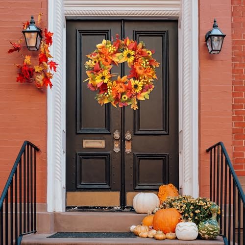 Sggvecsy Fall Wreath 20’’ Autumn Front Door Wreath Harvest Wreath with Sunflower Pumpkins Berries Maple Leaves Daisies for Outside Indoor Home Wall Festival Thanksgiving Autumn Farmhouse Decor - Image 3