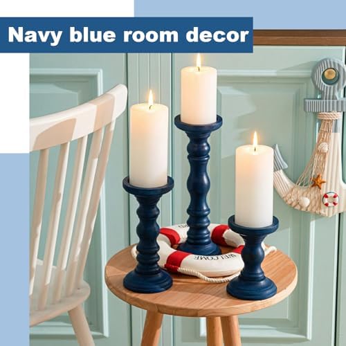 Set of 3 Wood Pillar Candle Holder Farmhouse Decor, Navy Blue - Image 3