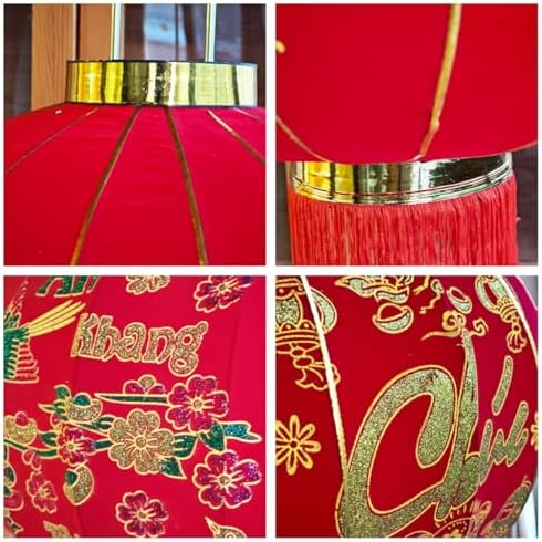 KYMY Vietnamese New Year Red Hanging Lanterns – Set of 2 Traditional Tết Spring Festival Cloth Fabric Lanterns with Gold Embroidery & Tassels, 100# Lunar New Year Indoor Outdoor Door Porch Decor - Image 6