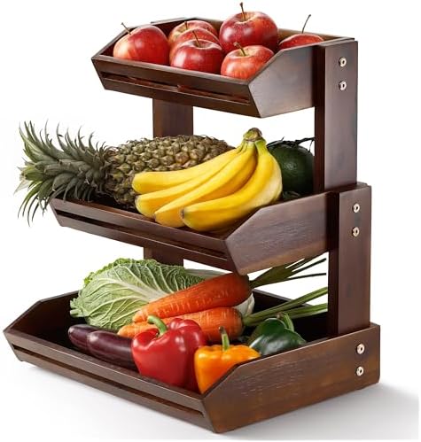 HOLANA Acacia 3 Tier Fruit Basket, Sturdy, Easy Assembly (Walnut color) by HOLANA