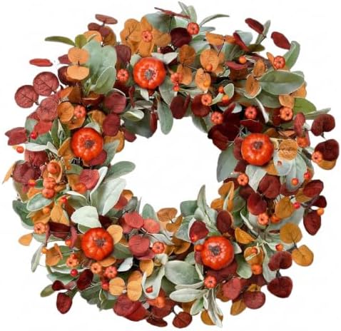zjlmit Fall Wreath 22 Inch Fall Wreaths for Front Door Autumn Wreath with Orange Pumpkins Eucalyptus Leaves Berries Lamb Ears Leaves for Indoor Porch Wall Home Harvest Festival Thanksgiving Day Decor by zjlmit
