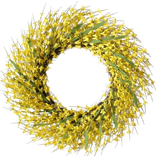 26 Inch Spring Wreaths for Front Door, Large Artificial Forsythia Flowers Wreath, Spring Summer Floral Wreath All Season for Home, Wall, Window, Porch, Wedding, Farmhouse Decor (Yellow) by Bibelot