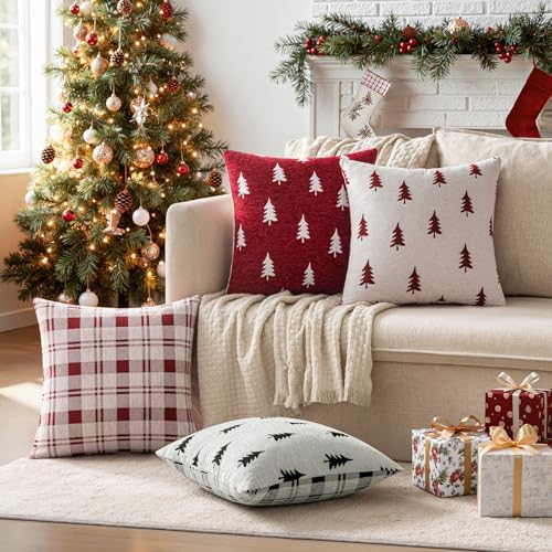 MIULEE Christmas Decorative Chenille Throw Pillow Covers, 18x18 Inch,White Red Tree, Set of 2 Cute Trees with Plaid Patterns Pillows for Sofa Couch Bedroom Chair Xmas Home Decor - Image 3