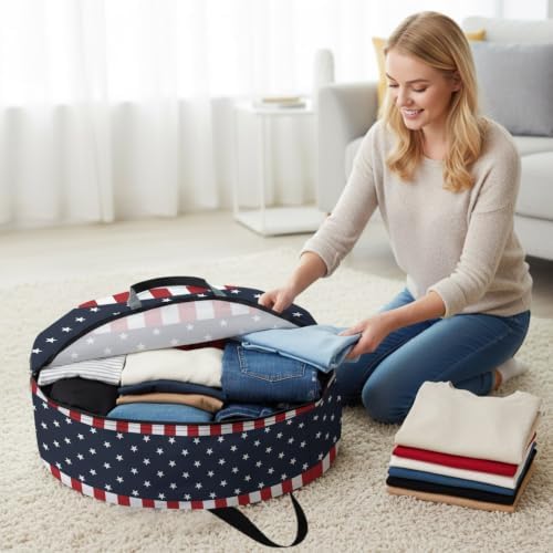 24 Inch Round Storage Bag 1 Pack,Independence Day Patriotic Stars on Blue Waterproof Wreath Storage Container with Handles&Zipper Red White Stripes Border Closet Organizer Bags Garland Box - Image 3